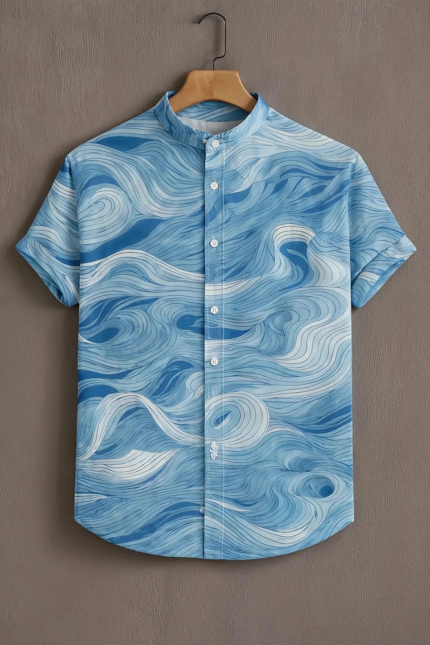 Abstract Ocean Wave Print Mandarin Collar Short Sleeve Shirt for Men | Nioana