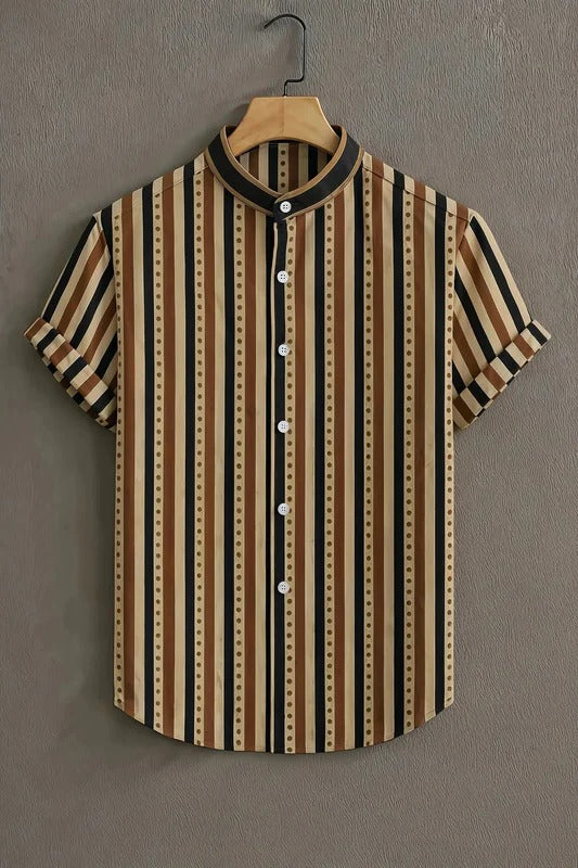 Vintage Vertical Stripe Mandarin Collar Short Sleeve Shirt for Men | Nioana