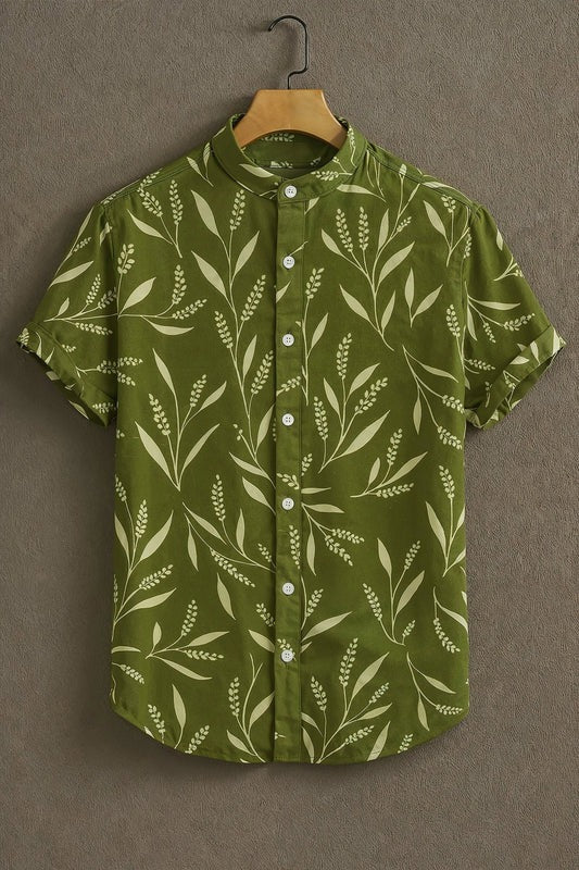 Olive Green Botanical Leaf Print Mandarin Collar Short Sleeve Shirt for Men | Nioana