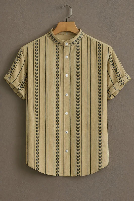 Beige Geometric Stripe Mandarin Collar Short Sleeve Shirt for Men | Nioana