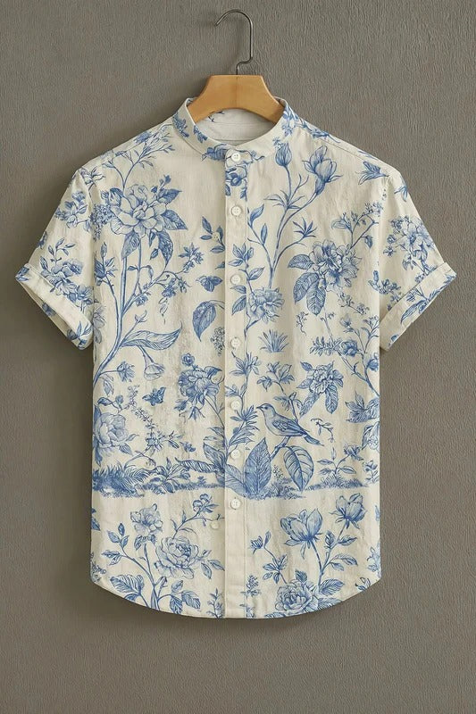 Elegant Blue Floral Botanical Print Short Sleeve Shirt for Men | Nioana