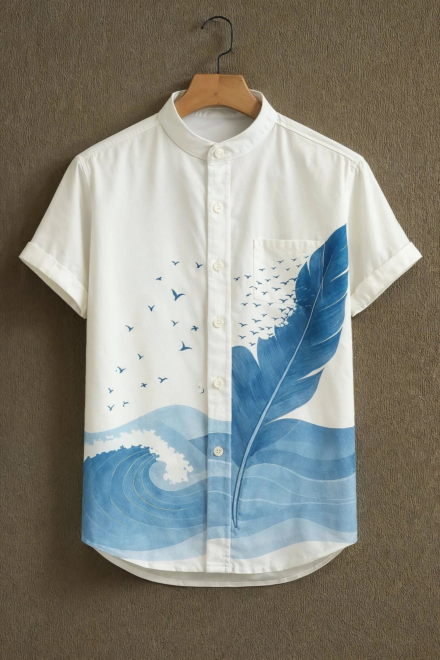Blue Feather Wave Print Mandarin Collar Short Sleeve Shirt for Men | Nioana