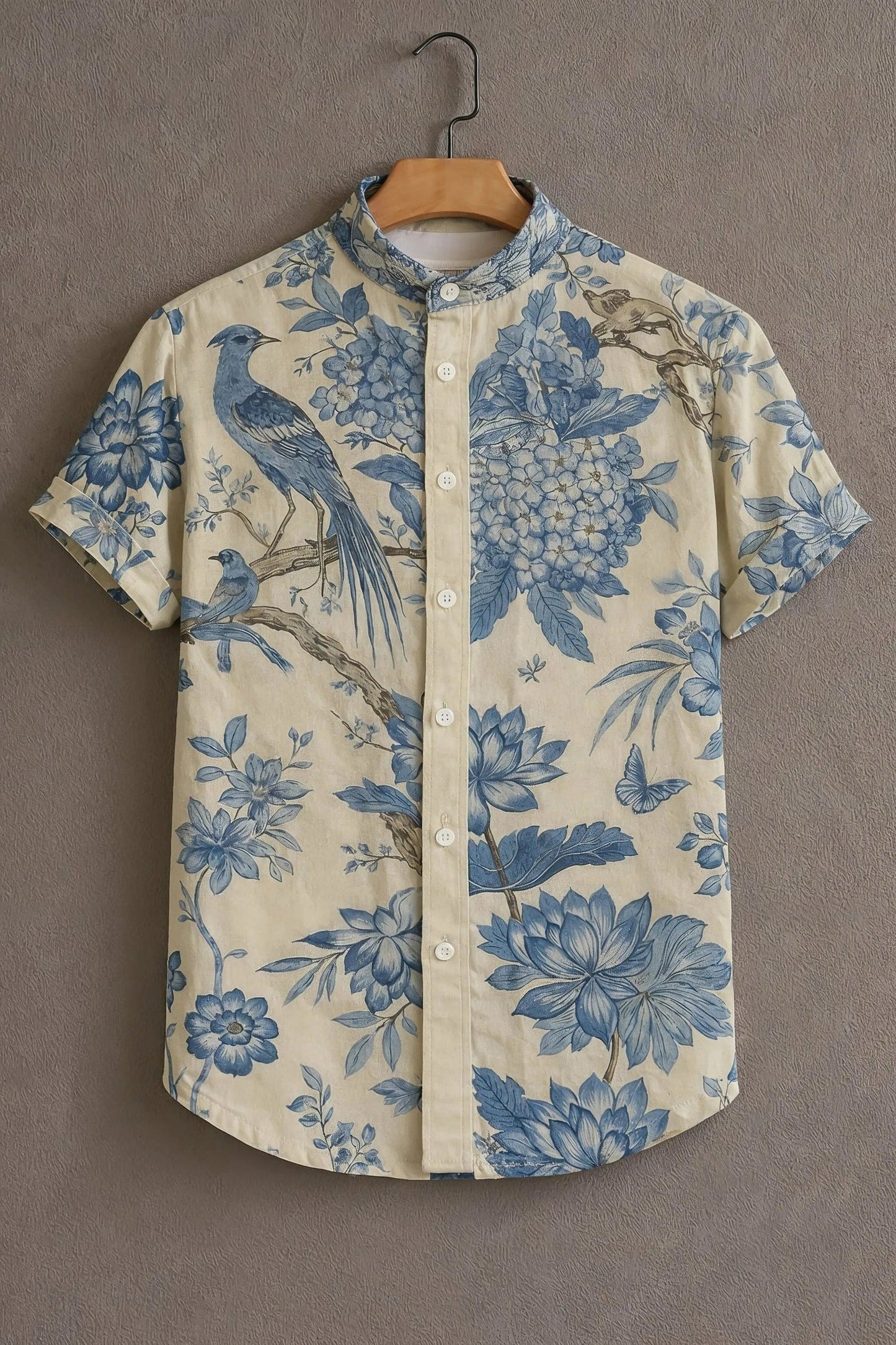 Blue Floral Bird Print Mandarin Collar Short Sleeve Shirt for Men | Nioana