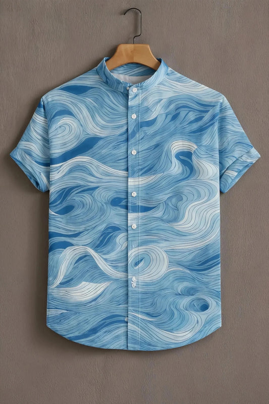 Abstract Ocean Wave Print Mandarin Collar Short Sleeve Shirt for Men | Nioana