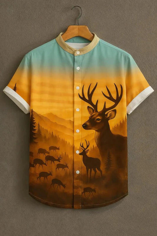 Mountain Deer Landscape Print Mandarin Collar Short Sleeve Shirt for Men | Nioana