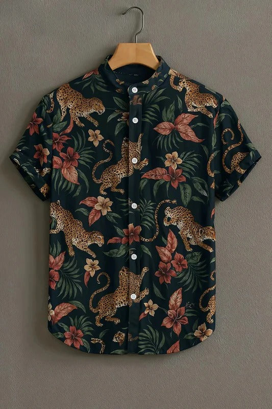 Tropical Leopard Floral Print Mandarin Collar Short Sleeve Shirt for Men | Nioana