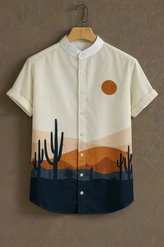 Minimal Desert Cactus Landscape Print Mandarin Collar Short Sleeve Shirt for Men | Nioana
