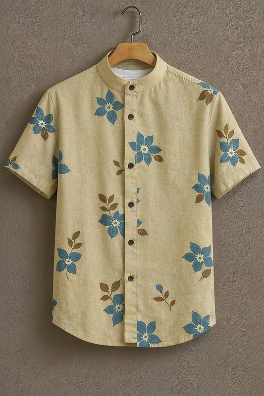 Blue Floral Print Mandarin Collar Short Sleeve Shirt for Men | Nioana