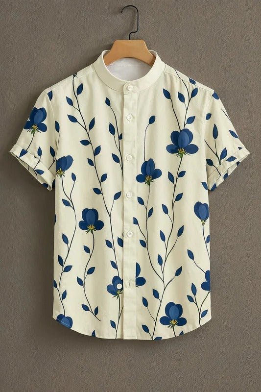 Blue Floral Vine Print Mandarin Collar Short Sleeve Shirt for Men | Nioana