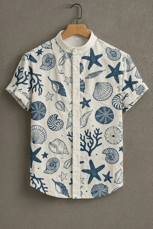 Ocean Shell & Starfish Print Mandarin Collar Short Sleeve Shirt for Men | Nioana