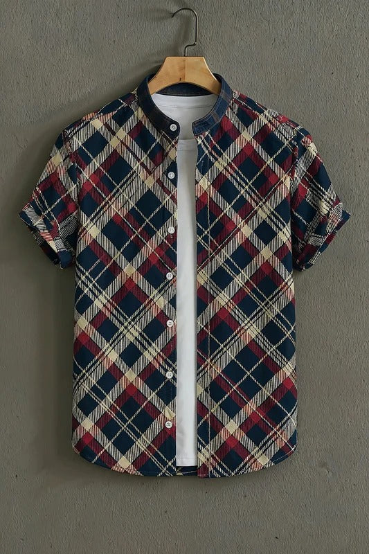 Vintage Plaid Check Mandarin Collar Short Sleeve Shirt for Men | Nioana
