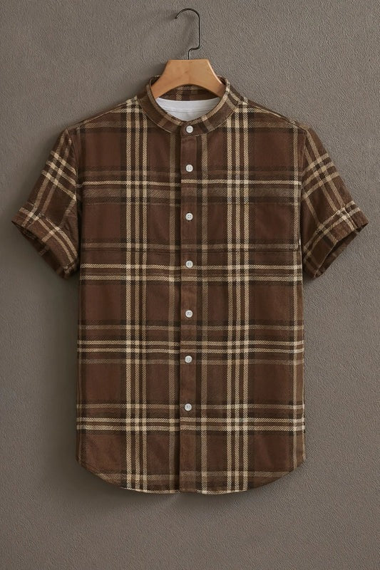 Classic Brown Plaid Check Mandarin Collar Short Sleeve Shirt for Men | Nioana