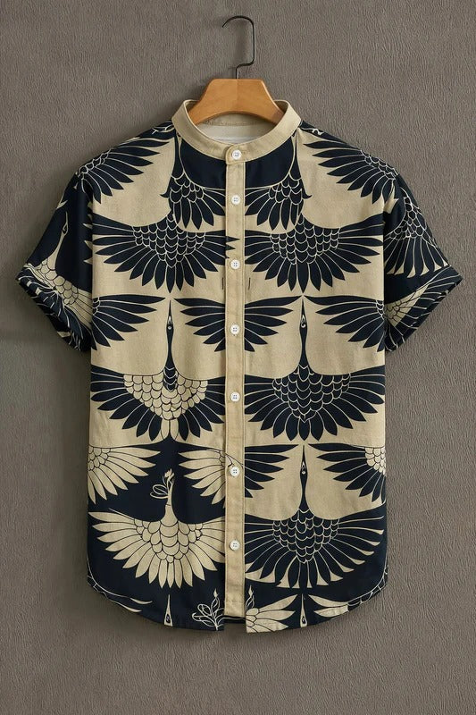 Japanese Crane Bird Print Mandarin Collar Short Sleeve Shirt for Men | Nioana