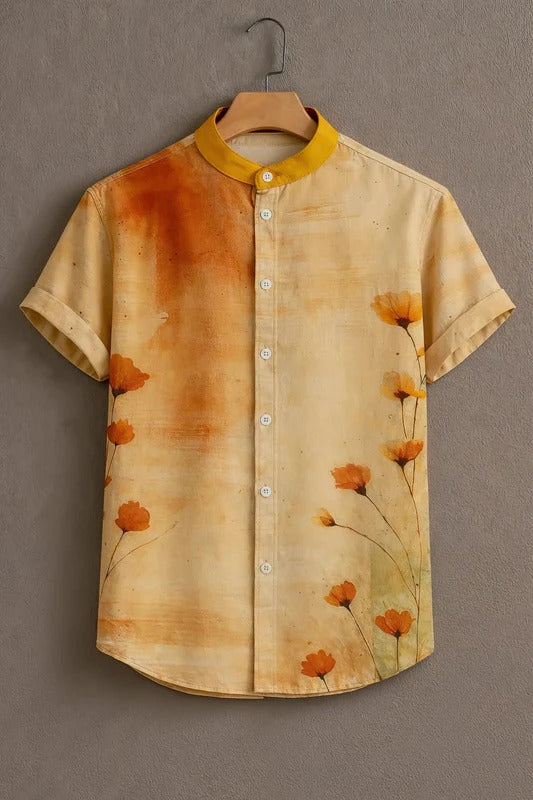 Minimal Orange Floral Print Mandarin Collar Short Sleeve Shirt for Men | Nioana