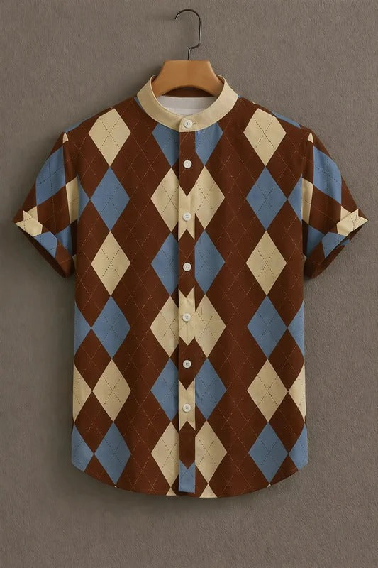 Vintage Argyle Diamond Print Mandarin Collar Short Sleeve Shirt for Men | Nioana