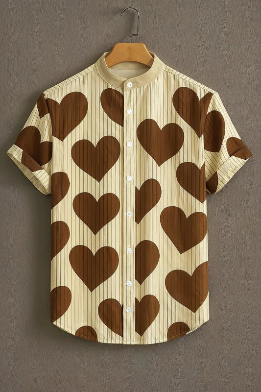 Minimal Heart Print Mandarin Collar Short Sleeve Shirt for Men | Nioana