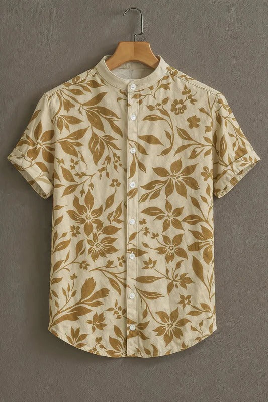 Beige Tropical Floral Print Mandarin Collar Short Sleeve Shirt for Men | Nioana