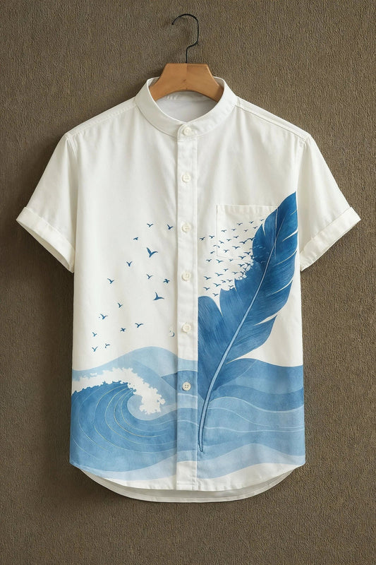 Blue Feather Wave Print Mandarin Collar Short Sleeve Shirt for Men | Nioana