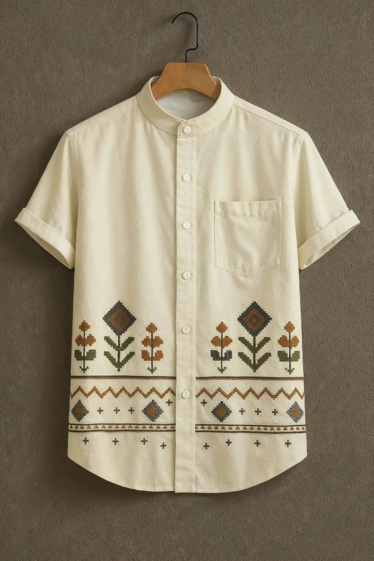 Ethnic Floral Embroidered Print Mandarin Collar Short Sleeve Shirt for Men | Nioana