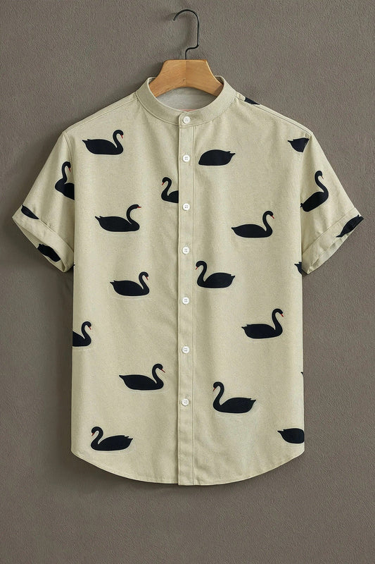 Minimal Black Swan Print Mandarin Collar Short Sleeve Shirt for Men | Nioana