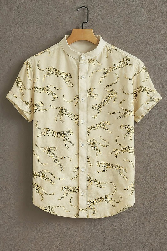 Minimal Leopard Print Mandarin Collar Short Sleeve Shirt for Men | Nioana