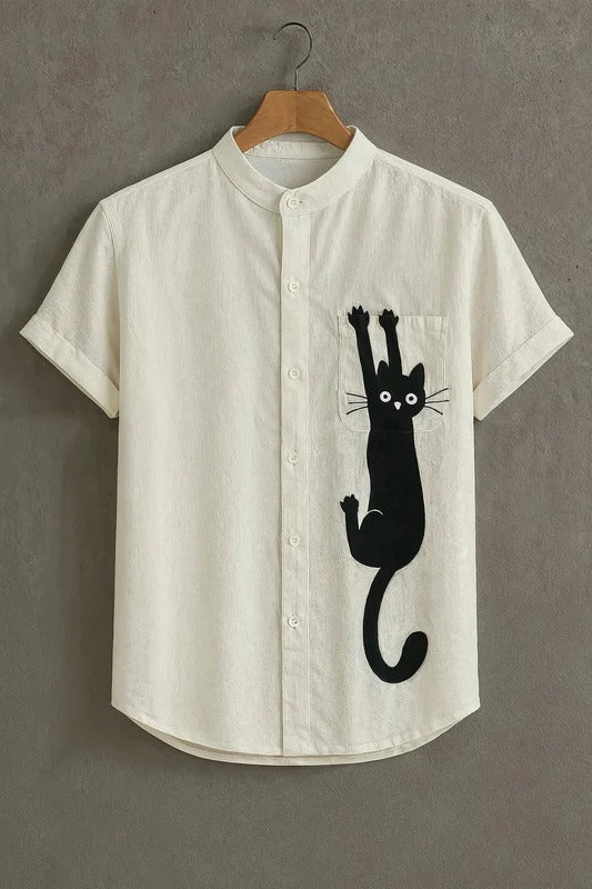 Minimal Black Cat Pocket Print Mandarin Collar Short Sleeve Shirt for Men | Nioana