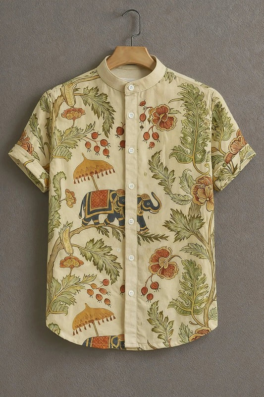 Elephant Floral Ethnic Print Mandarin Collar Short Sleeve Shirt for Men | Nioana